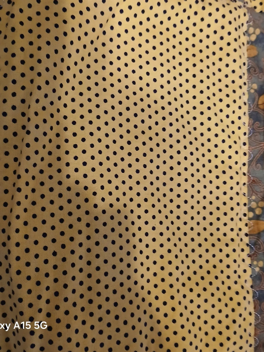 Hand Crafted Yellow and Olive Patchwork Quilt with Navy Polka Dot Border